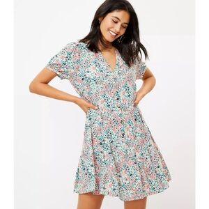 LOFT Multicolored Coral Pink Button Down Flounce Dress